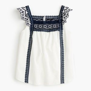 J. CREW Point Sur Eyelet Navy Crochet Trim Top sz XS